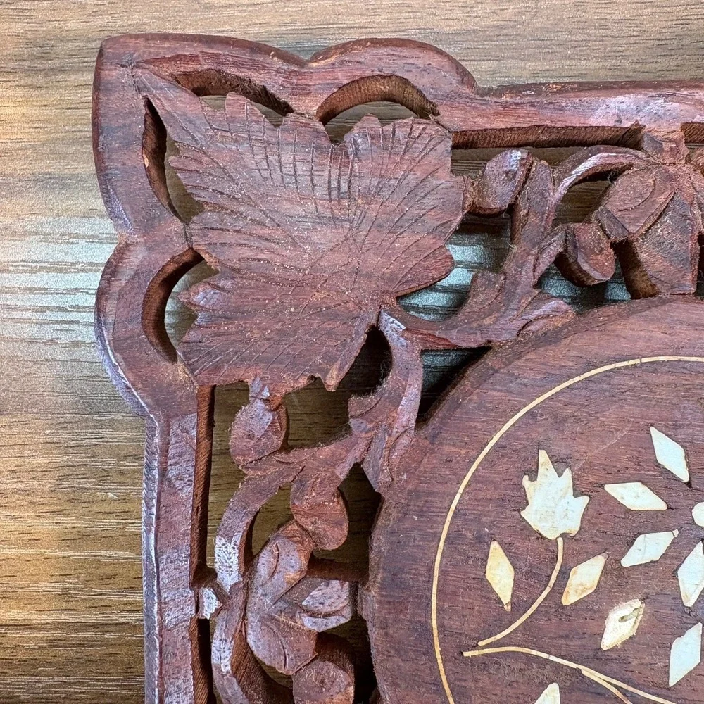 Vintage Hand-carved Wooden Trivet Flowers Inlay Round Footed India 7